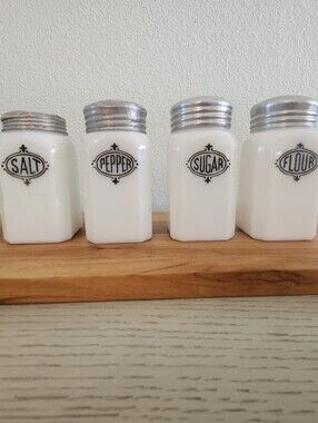 Vintage Hazel Atlas Milk Glass Salt & Pepper Sugar & Flour Shakers Set 4